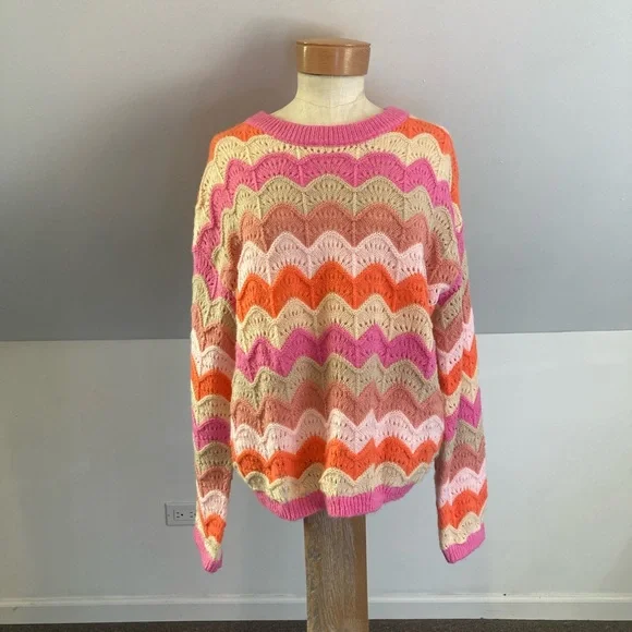 FRNCH CRISTY STRIPED HOLEY SWEATER IN ORANGES AND PINKS - Picture 6 of 12